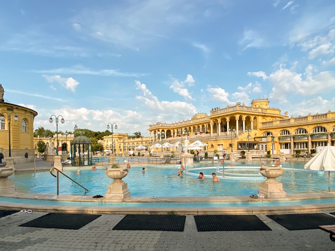 Les bassins extérieurs des thermes Széchenyi sous la vapeur du matin